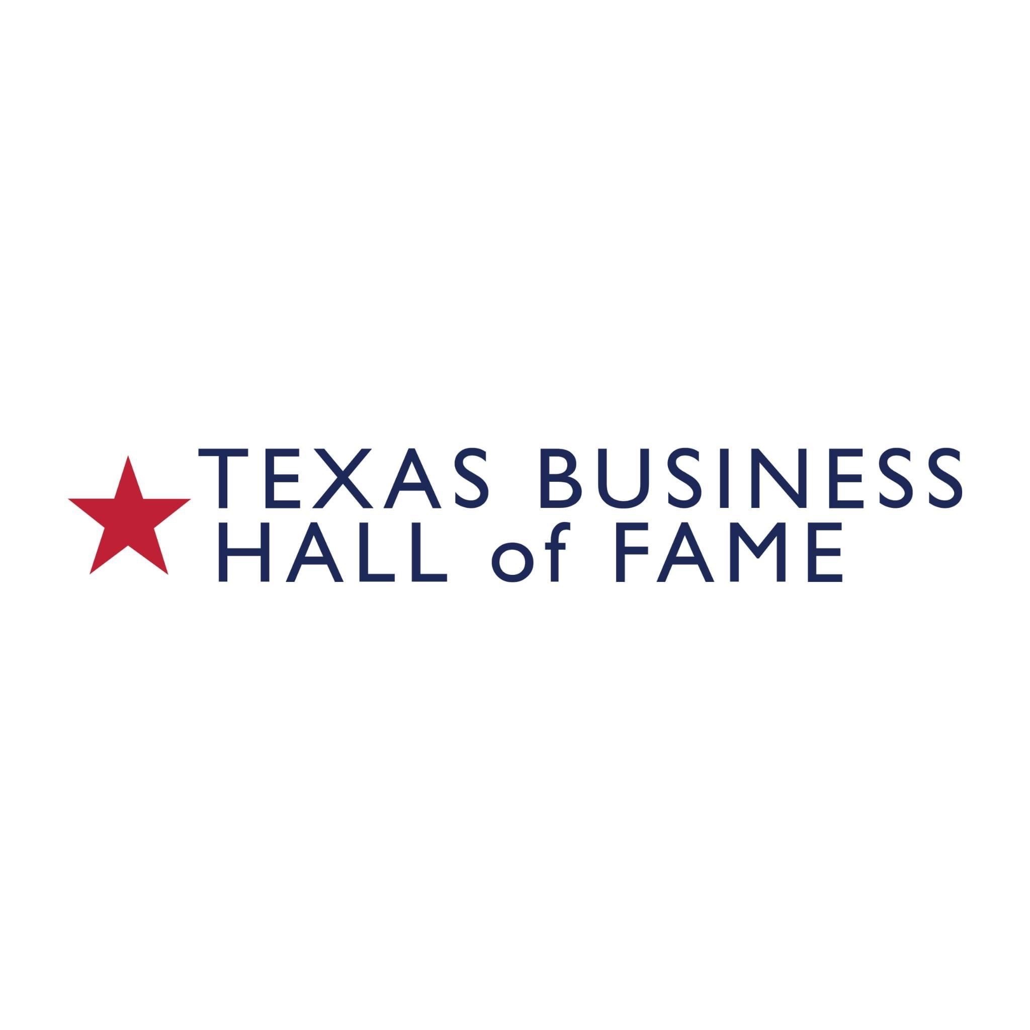 Logo of the Texas Business Hall of Fame features a red star to the left, followed by the name in uppercase letters, with 'TEXAS BUSINESS' in larger font and 'HALL of FAME' in smaller font beneath it, all in dark blue against a white background.