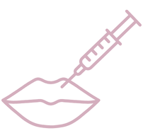 Simple line drawing of a syringe injecting into a pair of lips, representing cosmetic lip injections or lip augmentation.