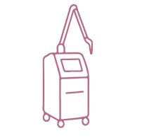 A simple line drawing of a medical laser machine on wheels with a touchscreen display and an articulated arm.