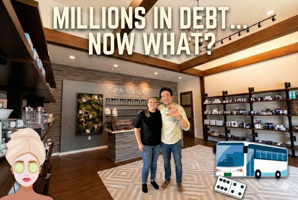 Two people stand smiling in a spa store, surrounded by shelves of products. Large text above reads, “Millions in debt… now what?” Spa, bus, and domino emojis are overlaid on the bottom of the image.