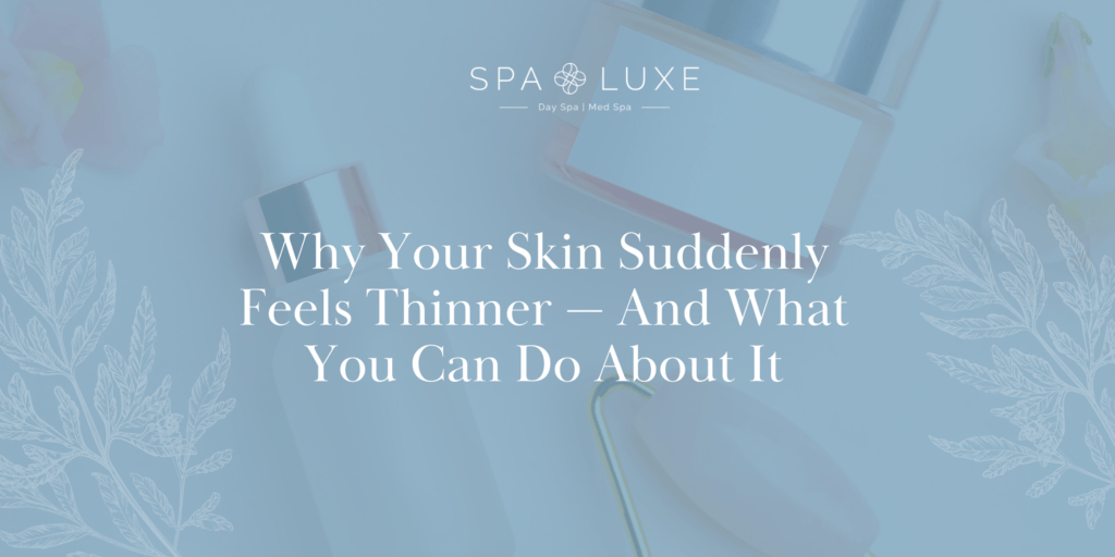 Light blue background with skincare items, including a serum bottle and face roller. Text reads, "Why Your Skin Suddenly Feels Thinner — And What You Can Do About It," with the Spa Luxe logo at the top.