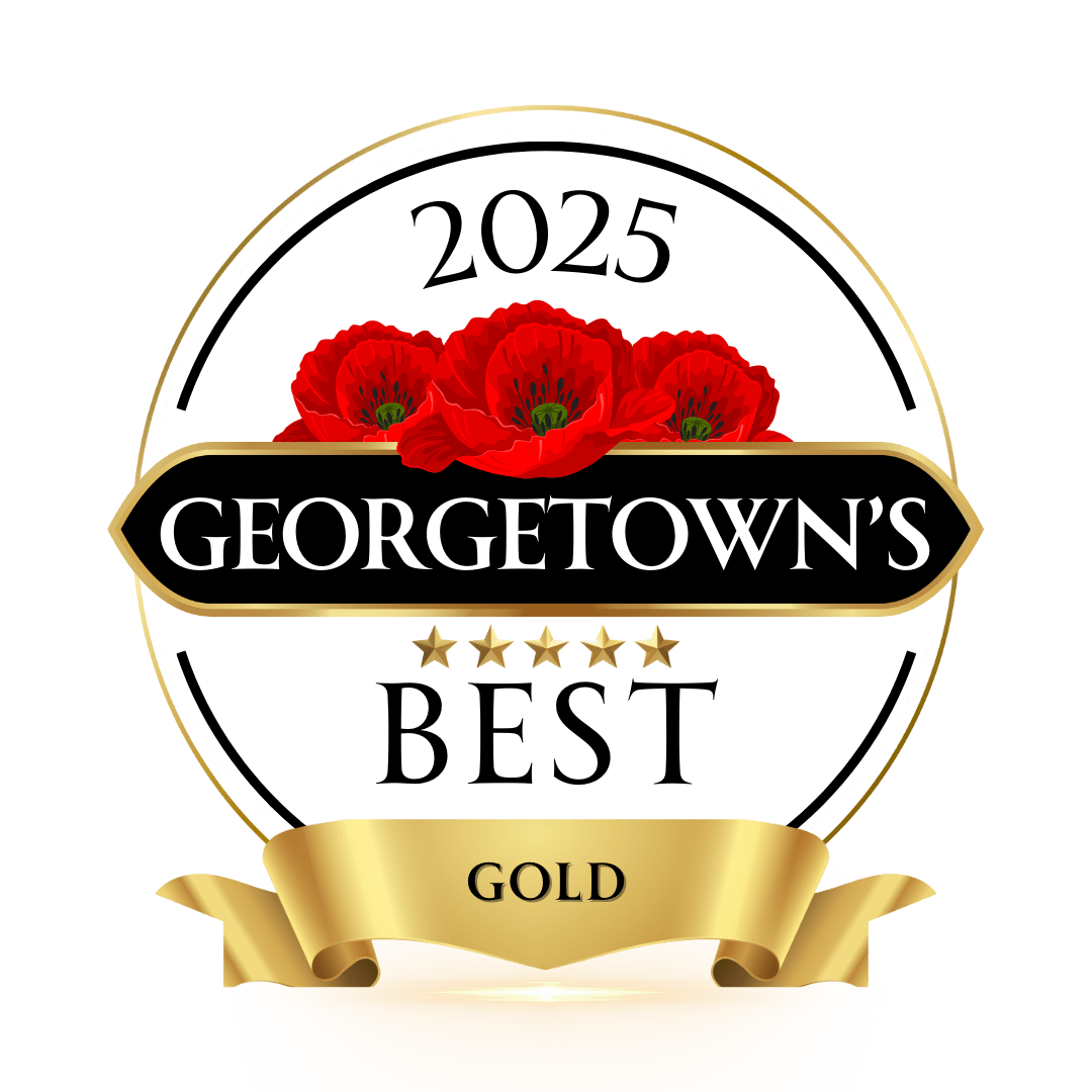 A round badge featuring red poppies, the text "2025 Georgetown’s Best," five gold stars, and a gold ribbon at the bottom labeled "Gold.