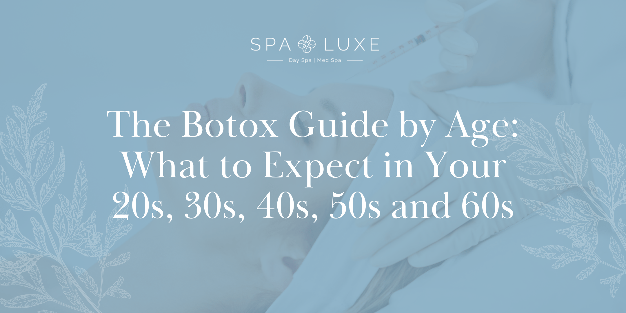 A person lying down receives a Botox injection in the forehead. Text reads: "The Botox Guide by Age: What to Expect in Your 20s, 30s, 40s, 50s and 60s. Spa Luxe Day Spa | Med Spa." White floral illustrations decorate the background.