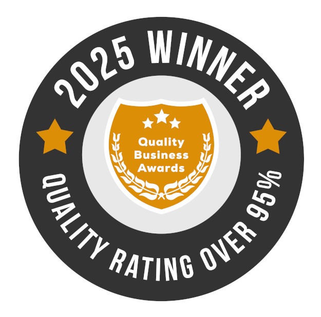 A circular badge reads “2025 Winner, Quality Rating Over 95%” with two stars and a gold shield in the center labeled “Quality Business Awards.”.