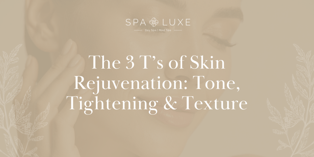 A soft-focus image of a woman touching her face, overlaid with text: "The 3 T’s of Skin Rejuvenation: Tone, Tightening & Texture" and the Spa Luxe logo at the top. White leafy graphics frame the text.
