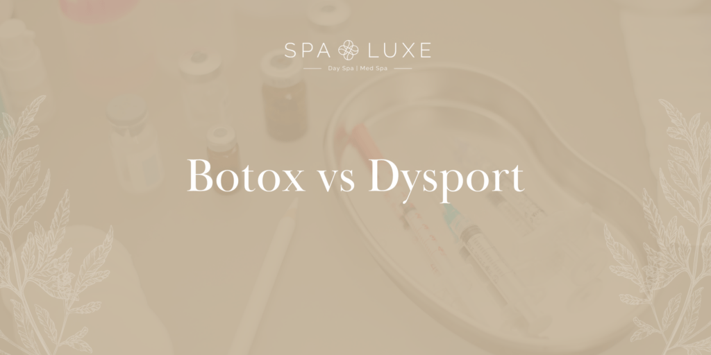 A background of medical vials and syringes with the text "Botox vs Dysport" in the center, and the Spa Luxe logo and decorative leaves framing the image.