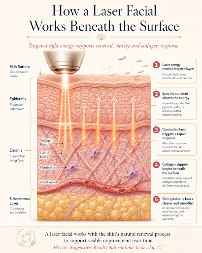 Cross-section illustration of skin showing how laser facial treatment penetrates layers (surface, epidermis, dermis, subcutaneous), triggering collagen, elastin, and cell renewal in five labeled steps, with a laser device emitting light at the top.