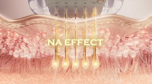 Close-up digital illustration of skin layers with glowing drops penetrating the surface, surrounded by pink and gold spheres. The text "NA EFFECT" is displayed in the center.