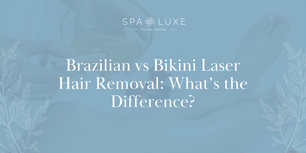 A spa ad with the text: “Brazilian vs Bikini Laser Hair Removal: What’s the Difference?” shows a person receiving a spa treatment with the Spa Luxe logo at the top.