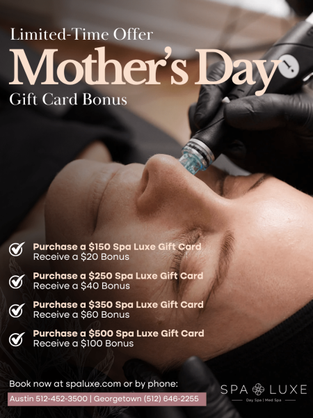 A person receives a facial treatment with a skincare tool. Text promotes a limited-time Mother’s Day gift card bonus at Spa Luxe, detailing bonus amounts for different gift card purchases and includes booking information.
